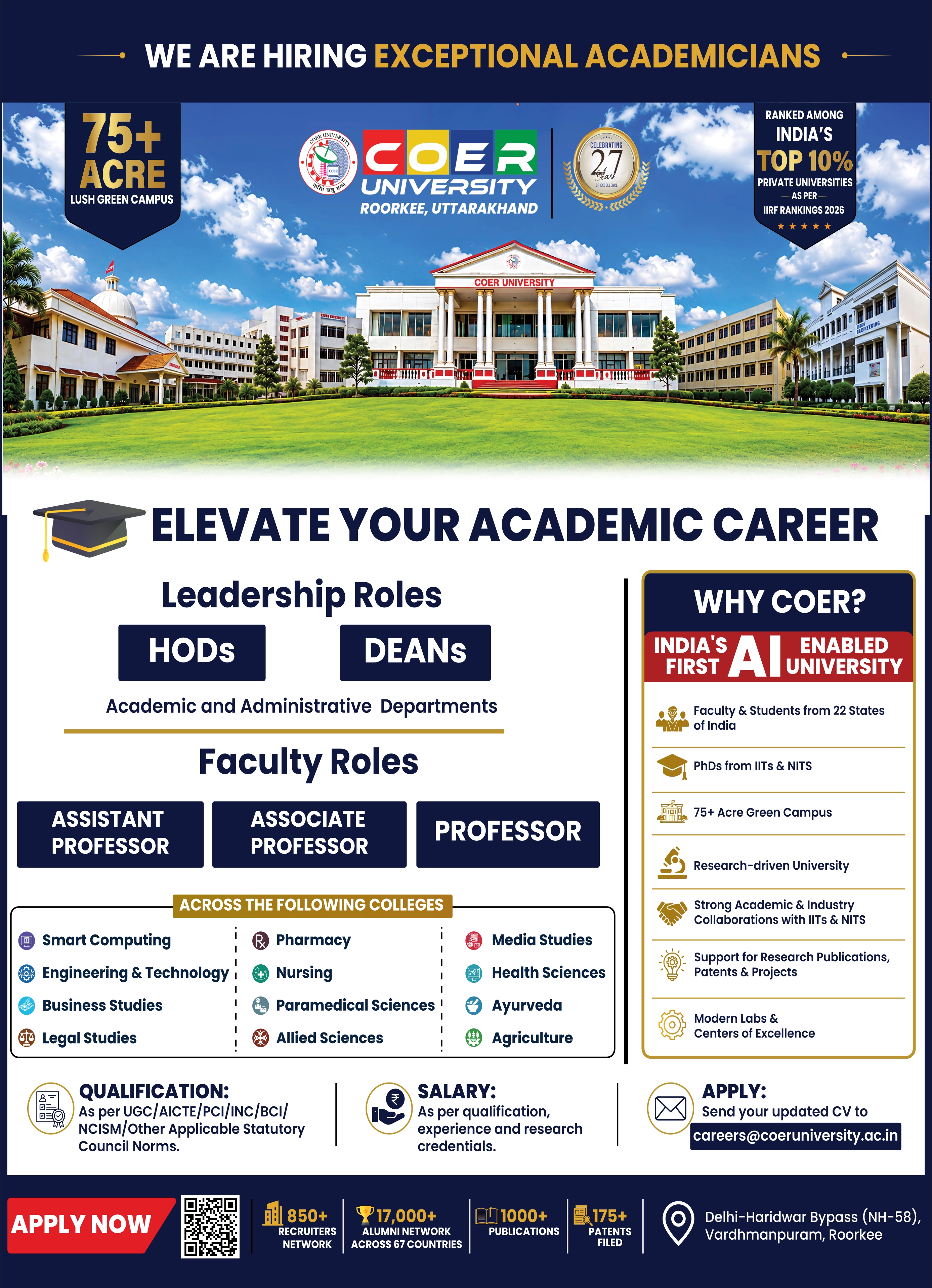COER University is hiring exceptional academicians - HODs, Deans, Assistant/Associate/Full Professor roles across Smart Computing, Engineering, Business Studies, Legal Studies, Pharmacy, Nursing, Paramedical Sciences, Allied Sciences, Media Studies, Health Sciences, Ayurveda and Agriculture. Apply at careers@coeruniversity.ac.in