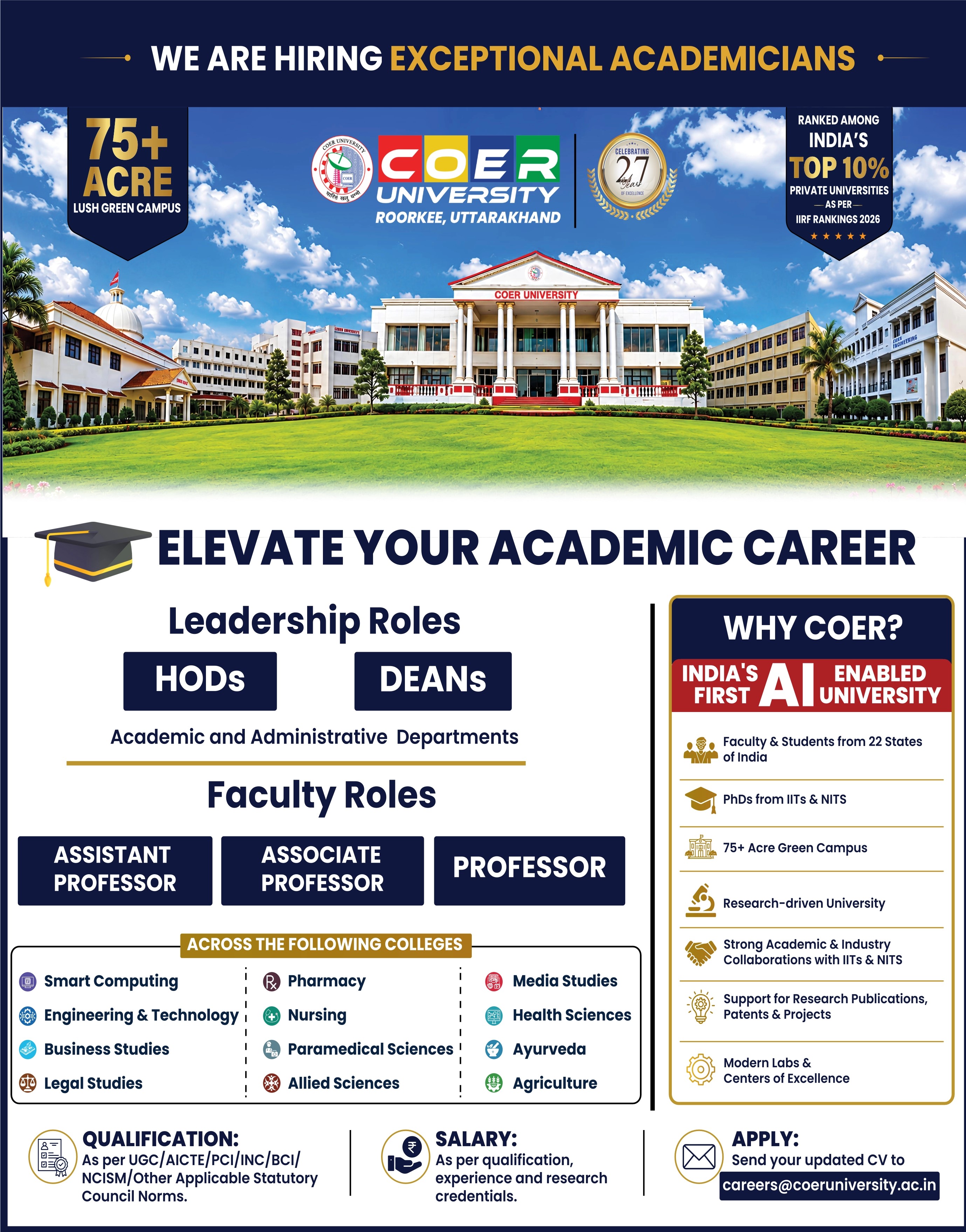 COER University is hiring exceptional academicians - HODs, Deans, Assistant/Associate/Full Professor roles across Smart Computing, Engineering, Business Studies, Legal Studies, Pharmacy, Nursing, Paramedical Sciences, Allied Sciences, Media Studies, Health Sciences, Ayurveda and Agriculture. Apply at careers@coeruniversity.ac.in